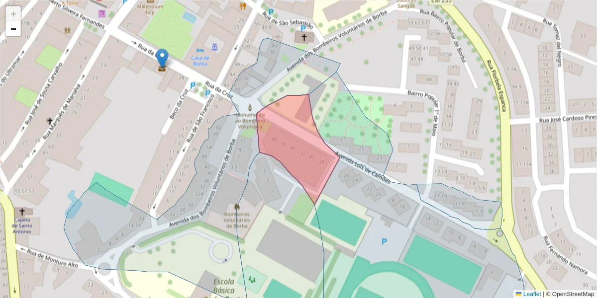 Mapa detalhado do código postal 7150-106 com limites, códigos postais vizinhos e agências dos correios