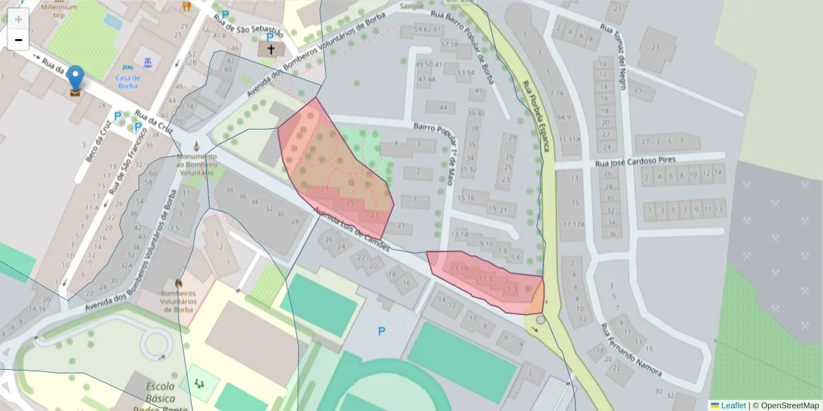 Mapa detalhado do código postal 7150-108 com limites, códigos postais vizinhos e agências dos correios
