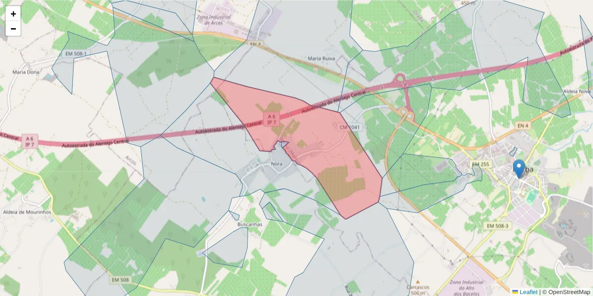 Mapa detalhado do código postal 7150-111 com limites, códigos postais vizinhos e agências dos correios