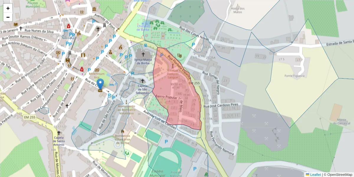 Mapa detalhado do código postal 7150-112 com limites, códigos postais vizinhos e agências dos correios