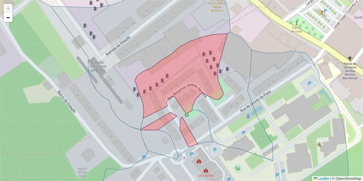 Mapa detalhado do código postal 7150-113 com limites, códigos postais vizinhos e agências dos correios