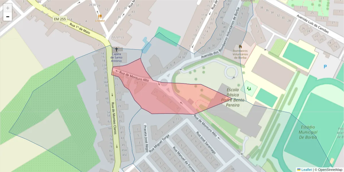 Mapa detalhado do código postal 7150-115 com limites, códigos postais vizinhos e agências dos correios