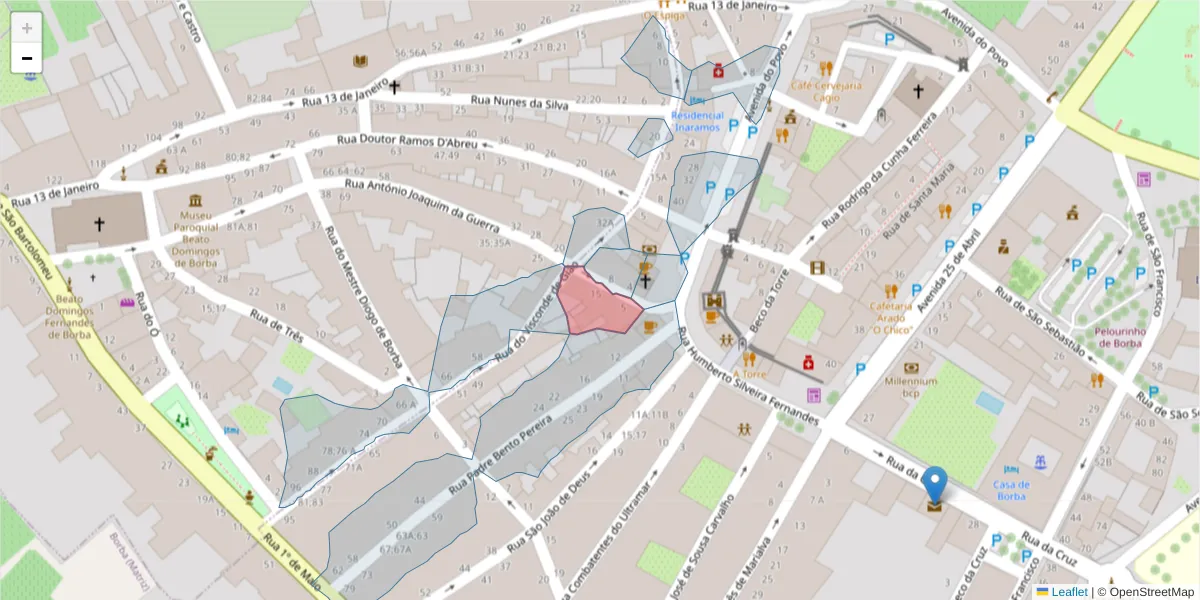 Mapa detalhado do código postal 7150-120 com limites, códigos postais vizinhos e agências dos correios