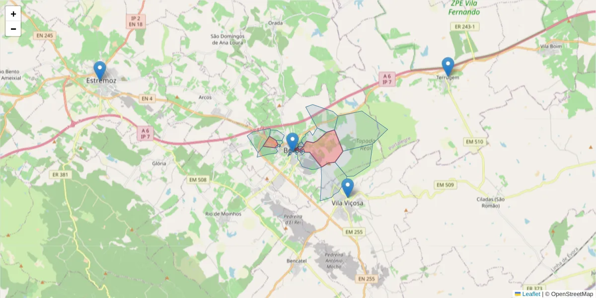 Mapa detalhado do código postal 7150-123 com limites, códigos postais vizinhos e agências dos correios