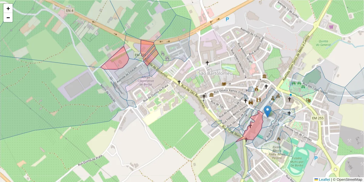 Mapa detalhado do código postal 7150-133 com limites, códigos postais vizinhos e agências dos correios