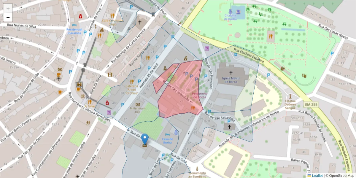 Mapa detalhado do código postal 7150-143 com limites, códigos postais vizinhos e agências dos correios