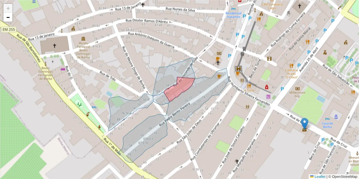 Mapa detalhado do código postal 7150-149 com limites, códigos postais vizinhos e agências dos correios