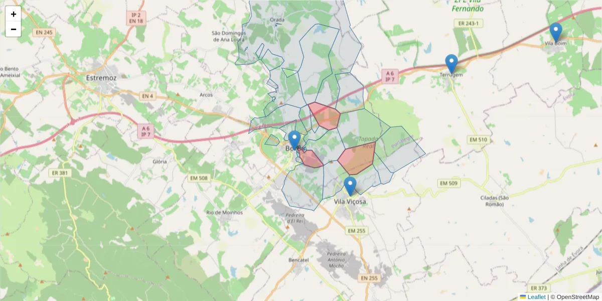 Mapa detalhado do código postal 7150-150 com limites, códigos postais vizinhos e agências dos correios