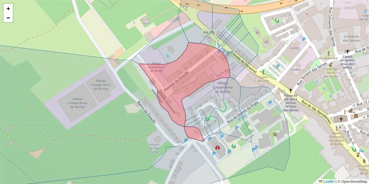 Mapa detalhado do código postal 7150-151 com limites, códigos postais vizinhos e agências dos correios