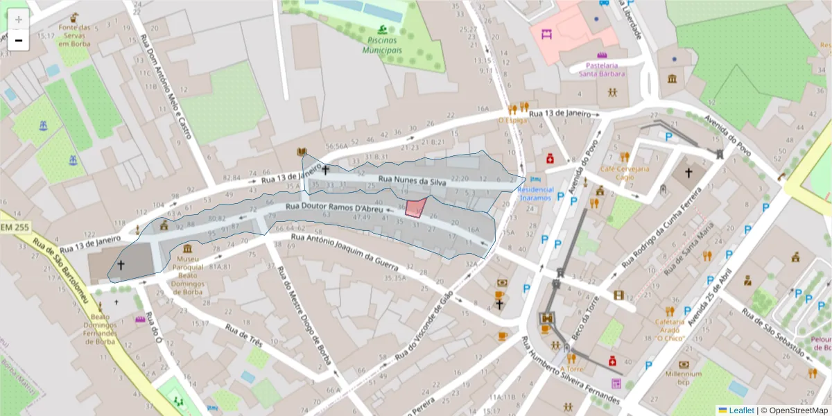 Mapa detalhado do código postal 7150-158;7150-161 com limites, códigos postais vizinhos e agências dos correios