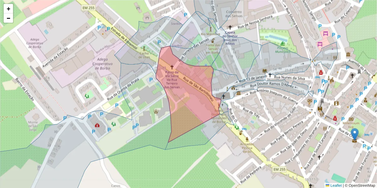Mapa detalhado do código postal 7150-162 com limites, códigos postais vizinhos e agências dos correios