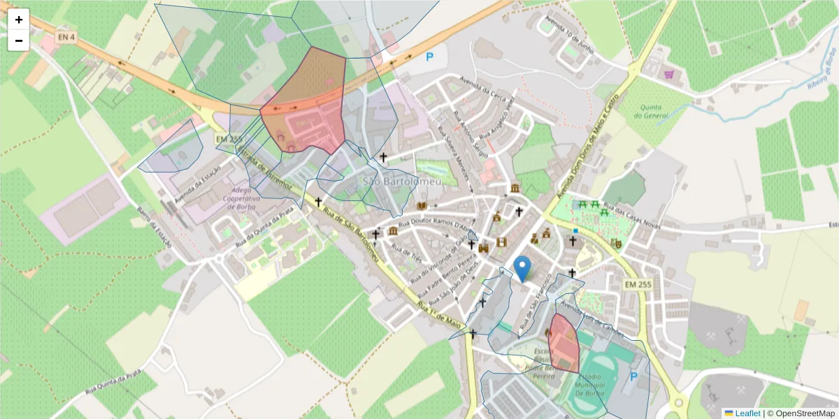 Mapa detalhado do código postal 7150-165 com limites, códigos postais vizinhos e agências dos correios