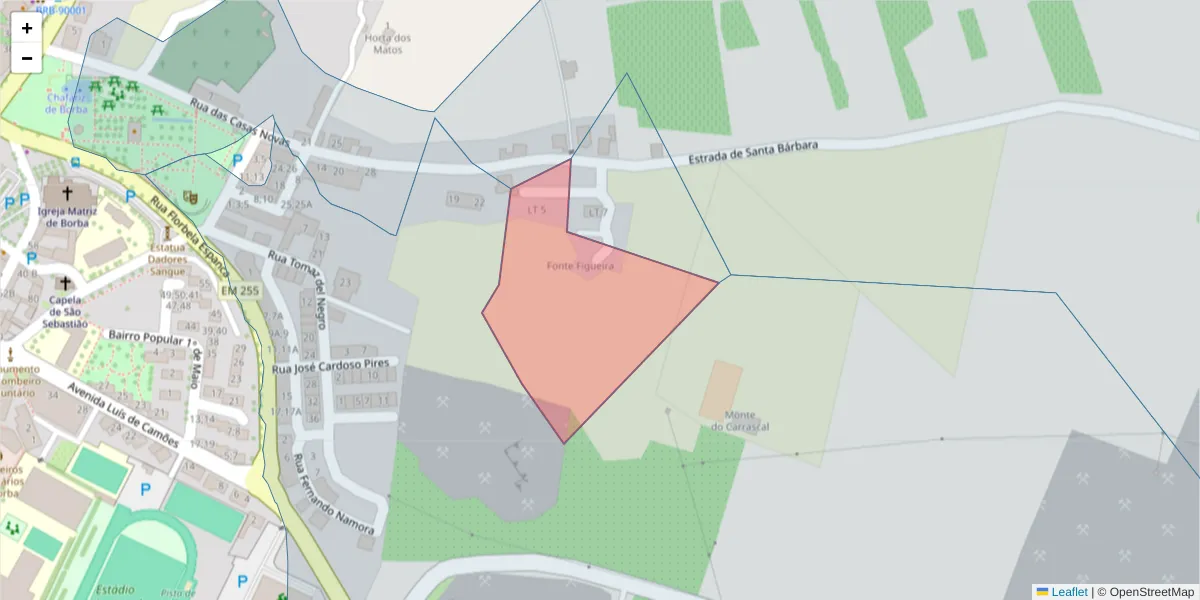 Mapa detalhado do código postal 7150-205 com limites, códigos postais vizinhos e agências dos correios