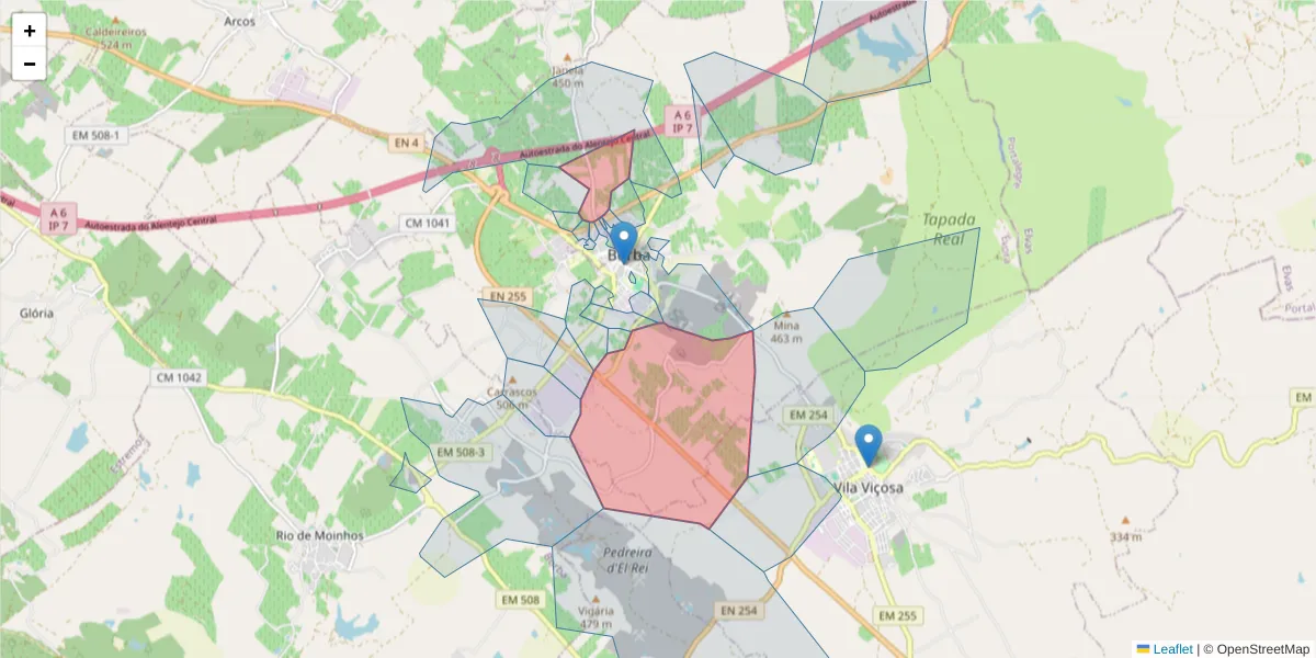 Mapa detalhado do código postal 7150-209 com limites, códigos postais vizinhos e agências dos correios