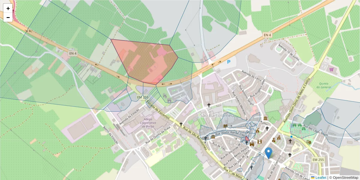 Mapa detalhado do código postal 7150-216 com limites, códigos postais vizinhos e agências dos correios
