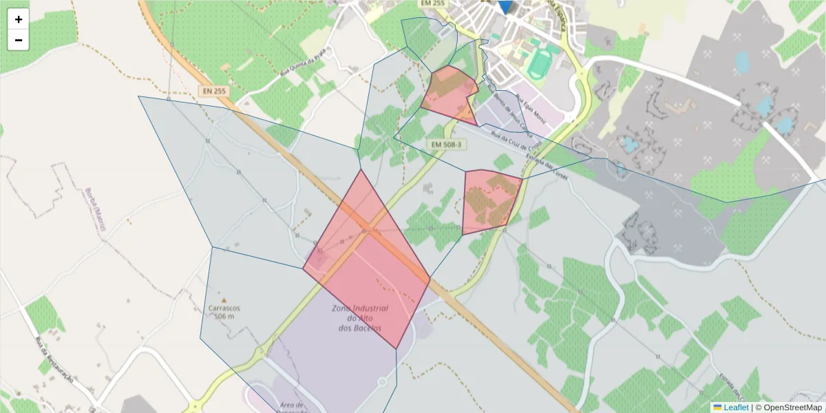 Mapa detalhado do código postal 7150-232 com limites, códigos postais vizinhos e agências dos correios