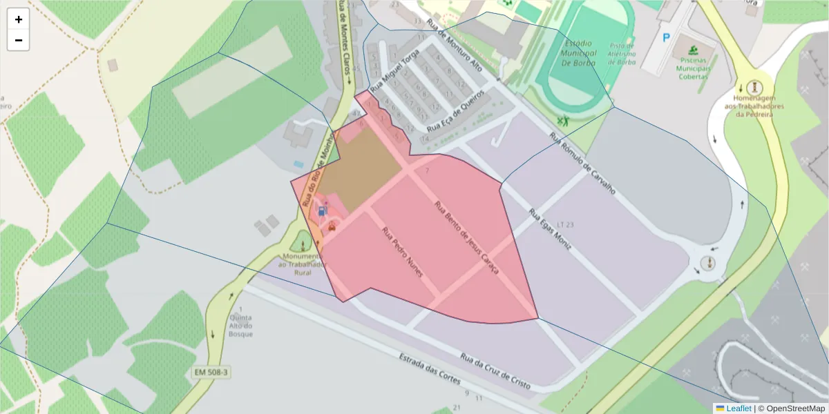 Mapa detalhado do código postal 7150-252 com limites, códigos postais vizinhos e agências dos correios