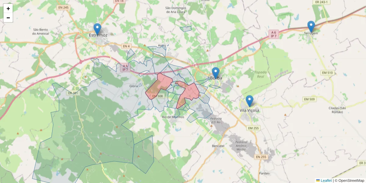 Mapa detalhado do código postal 7150-340 com limites, códigos postais vizinhos e agências dos correios