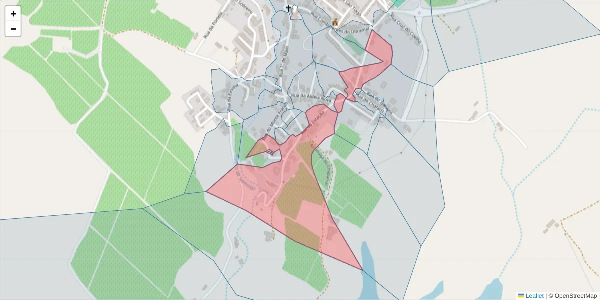 Mapa detalhado do código postal 7150-368 com limites, códigos postais vizinhos e agências dos correios