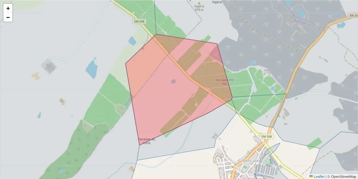 Mapa detalhado do código postal 7160-015 com limites, códigos postais vizinhos e agências dos correios