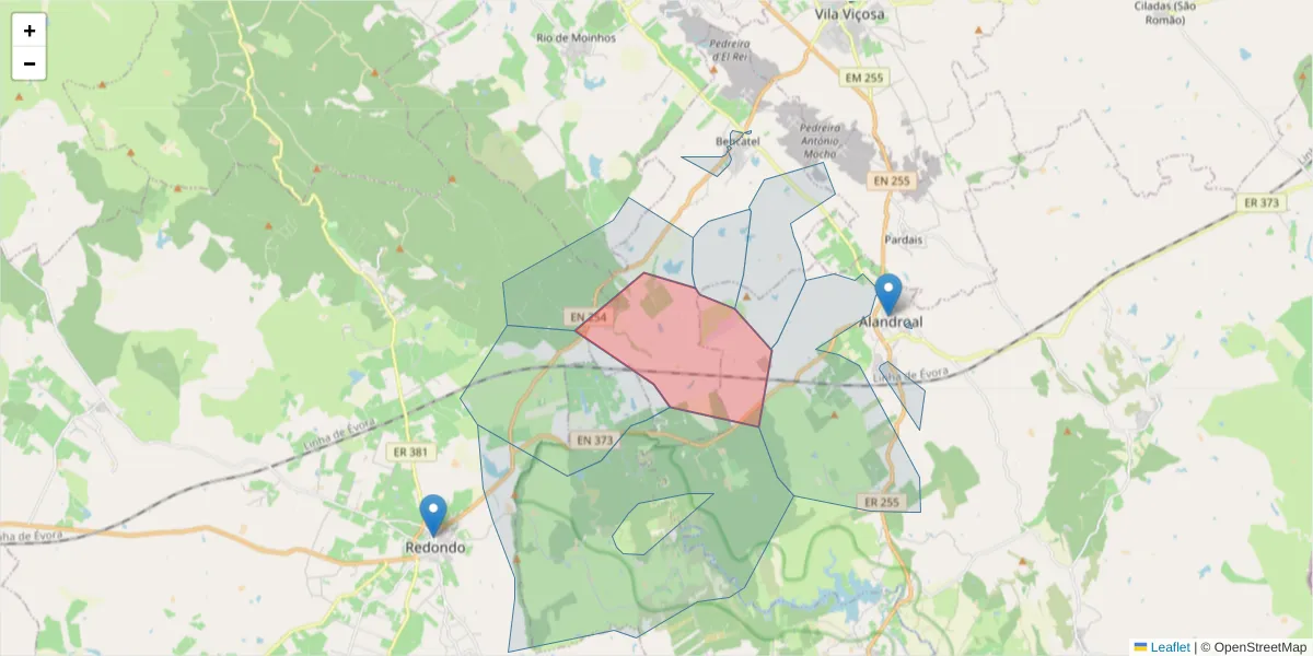Mapa detalhado do código postal 7160-017 com limites, códigos postais vizinhos e agências dos correios