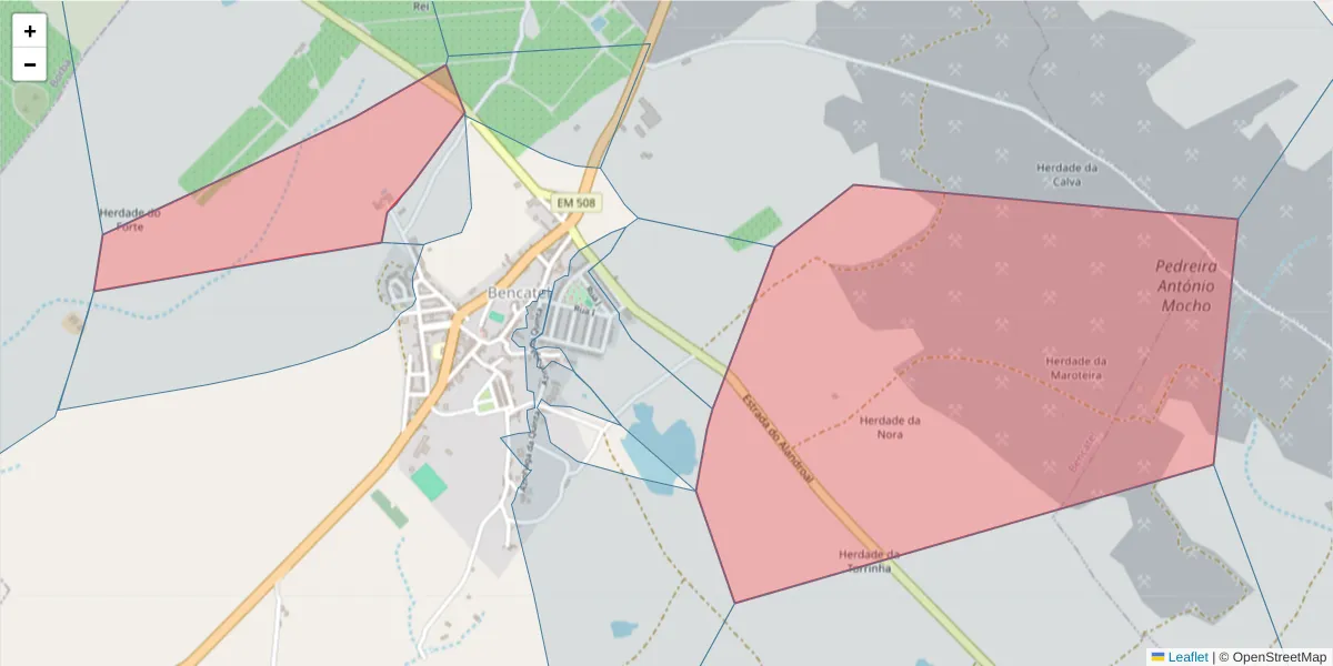 Mapa detalhado do código postal 7160-023 com limites, códigos postais vizinhos e agências dos correios