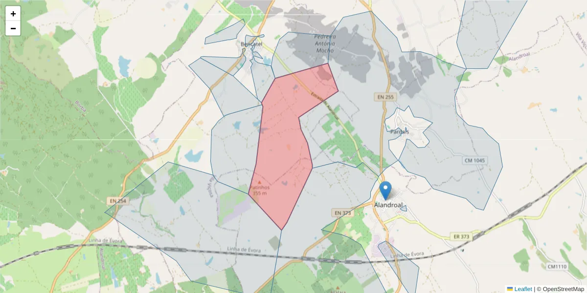 Mapa detalhado do código postal 7160-080 com limites, códigos postais vizinhos e agências dos correios