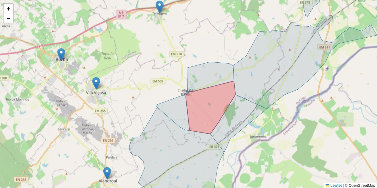 Mapa detalhado do código postal 7160-120 com limites, códigos postais vizinhos e agências dos correios