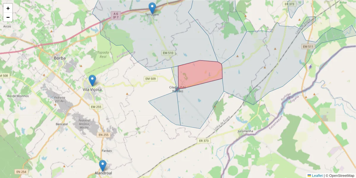 Mapa detalhado do código postal 7160-130 com limites, códigos postais vizinhos e agências dos correios