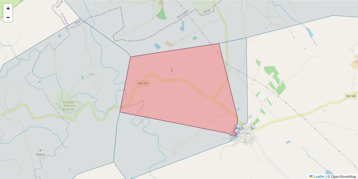 Mapa detalhado do código postal 7160-131 com limites, códigos postais vizinhos e agências dos correios