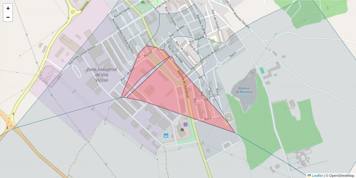 Mapa detalhado do código postal 7160-215 com limites, códigos postais vizinhos e agências dos correios
