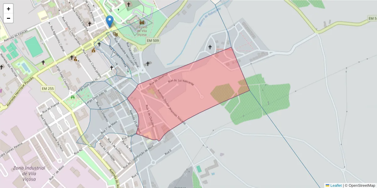 Mapa detalhado do código postal 7160-239 com limites, códigos postais vizinhos e agências dos correios