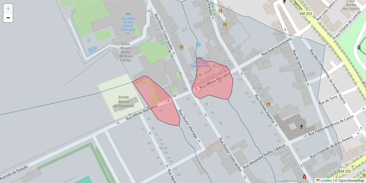 Mapa detalhado do código postal 7160-281 com limites, códigos postais vizinhos e agências dos correios