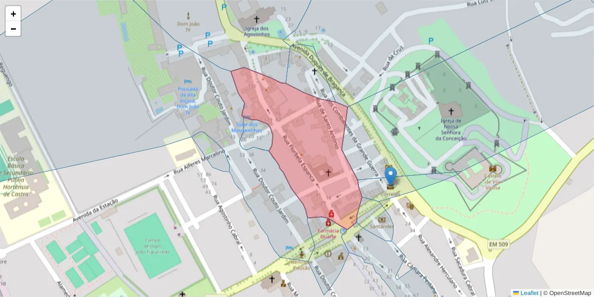 Mapa detalhado do código postal 7160-283 com limites, códigos postais vizinhos e agências dos correios
