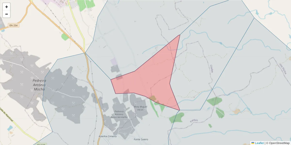Mapa detalhado do código postal 7160-369 com limites, códigos postais vizinhos e agências dos correios