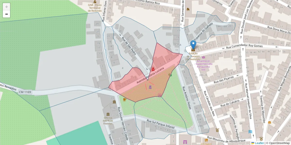 Mapa detalhado do código postal 7170-001 com limites, códigos postais vizinhos e agências dos correios