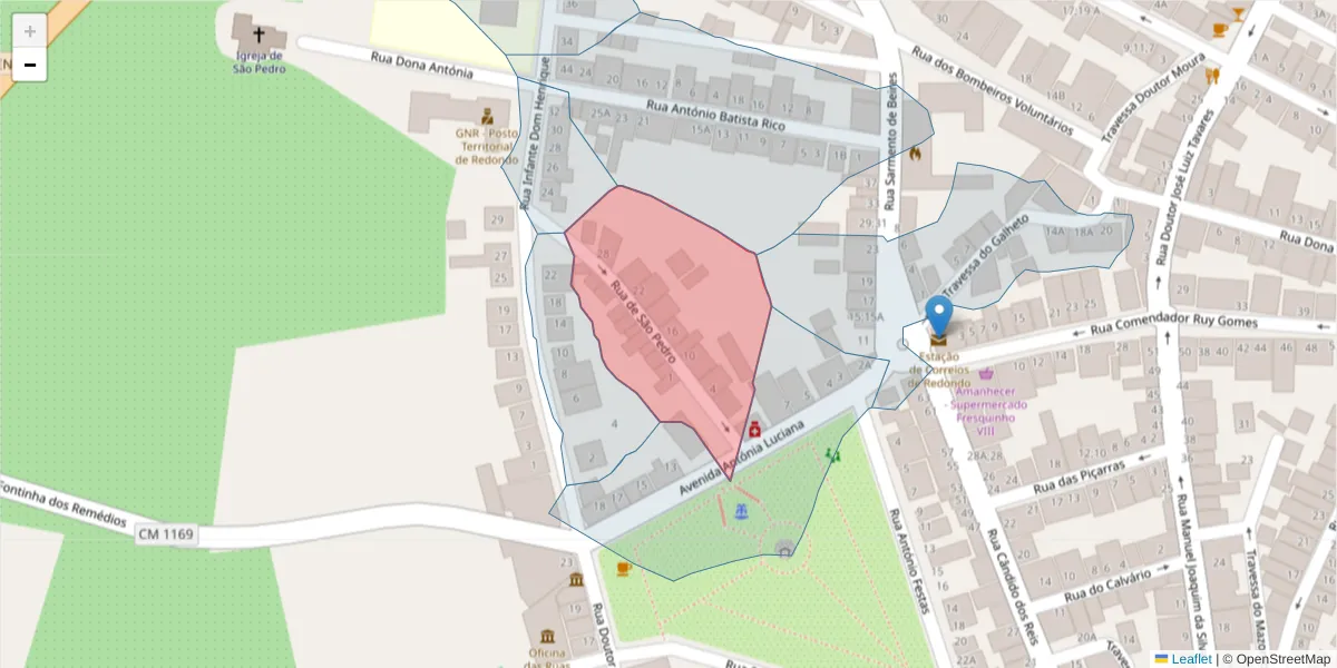 Mapa detalhado do código postal 7170-002 com limites, códigos postais vizinhos e agências dos correios