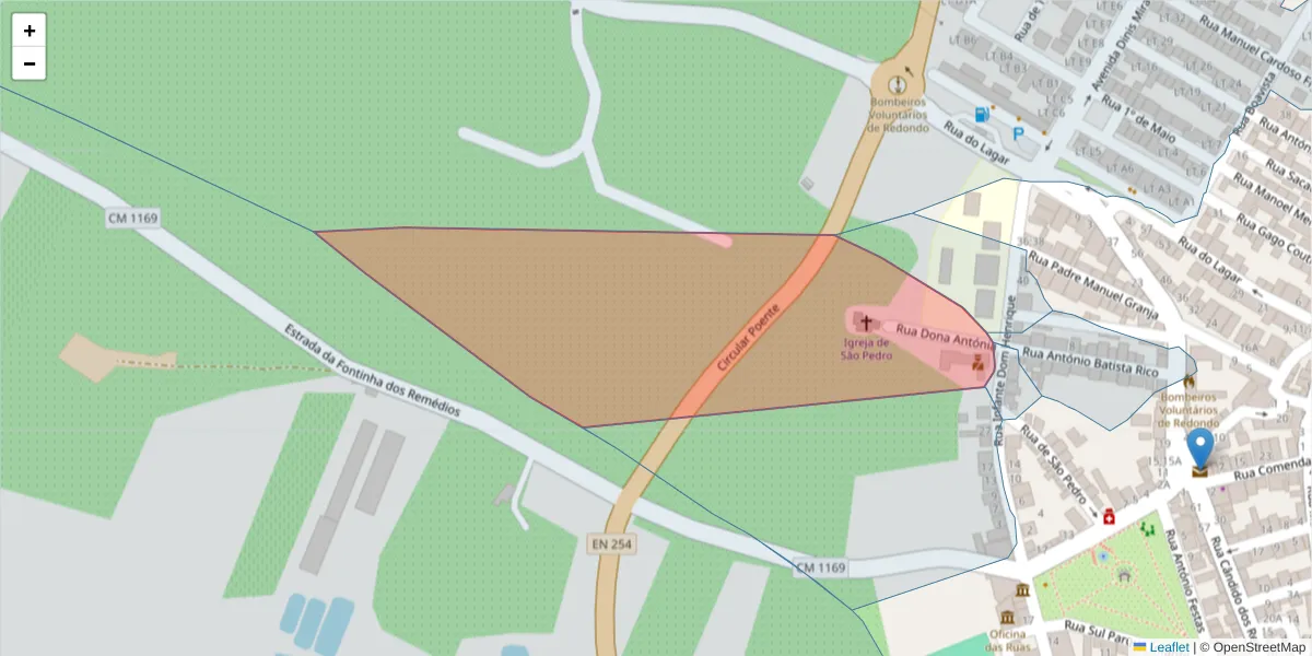 Mapa detalhado do código postal 7170-004 com limites, códigos postais vizinhos e agências dos correios