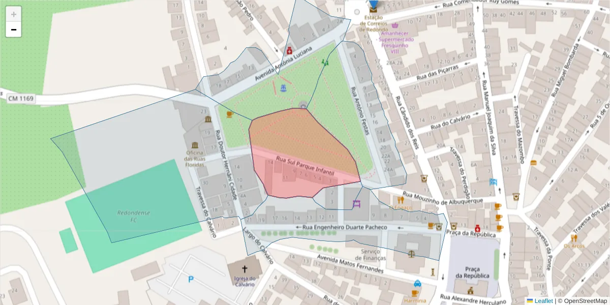 Mapa detalhado do código postal 7170-009 com limites, códigos postais vizinhos e agências dos correios