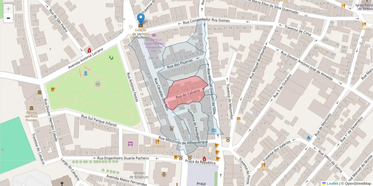 Mapa detalhado do código postal 7170-013 com limites, códigos postais vizinhos e agências dos correios