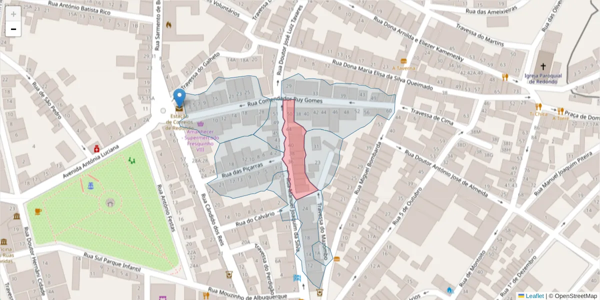 Mapa detalhado do código postal 7170-017 com limites, códigos postais vizinhos e agências dos correios
