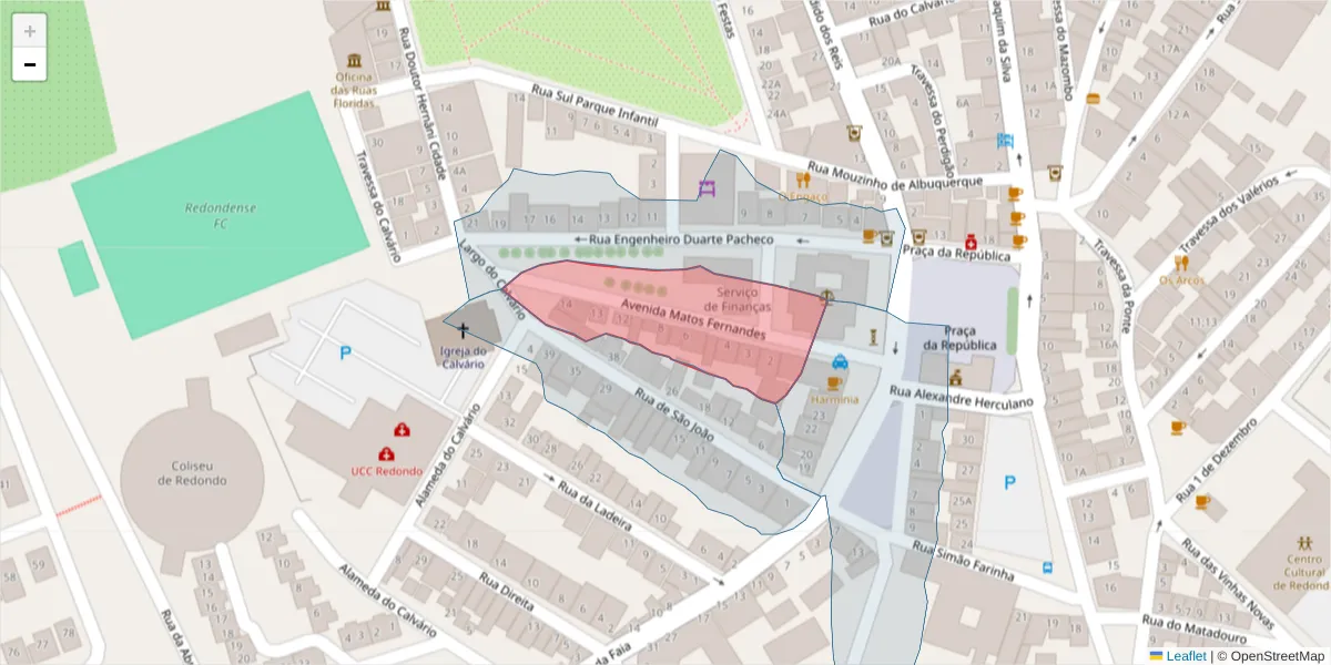Mapa detalhado do código postal 7170-021 com limites, códigos postais vizinhos e agências dos correios