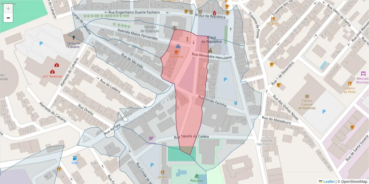 Mapa detalhado do código postal 7170-023 com limites, códigos postais vizinhos e agências dos correios