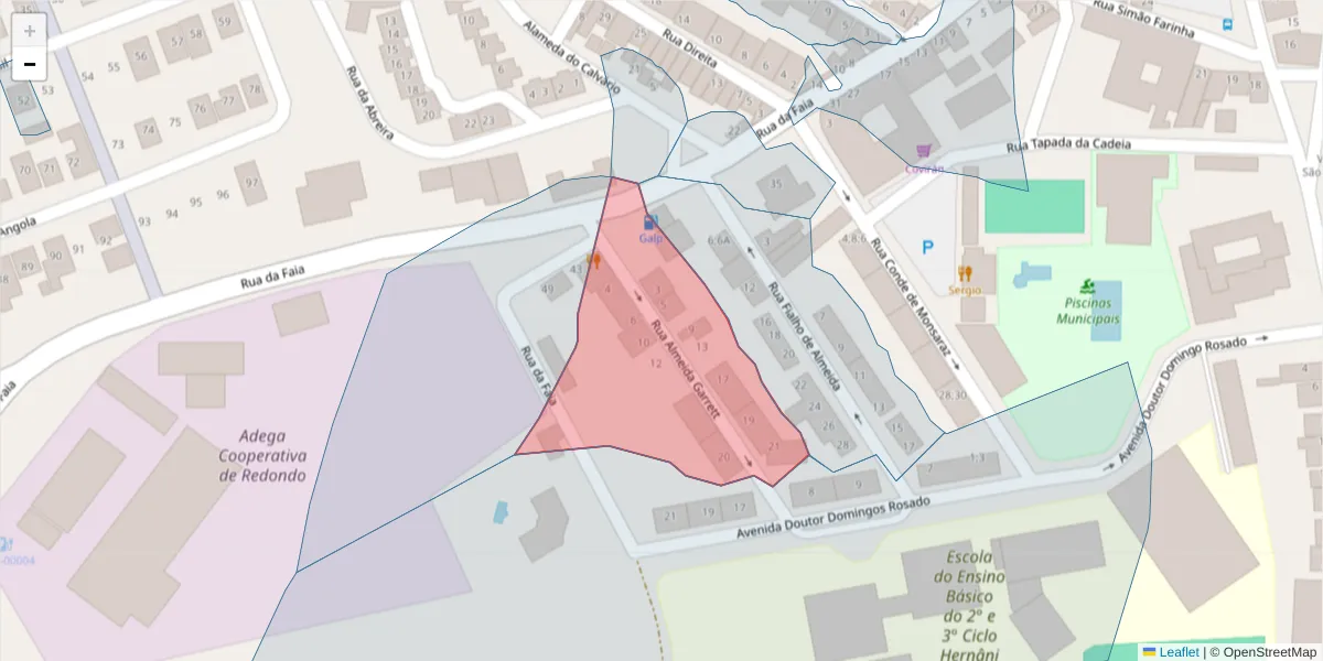 Mapa detalhado do código postal 7170-030 com limites, códigos postais vizinhos e agências dos correios