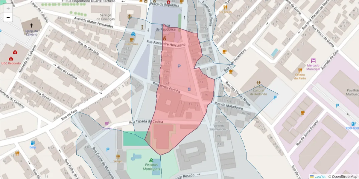 Mapa detalhado do código postal 7170-033 com limites, códigos postais vizinhos e agências dos correios