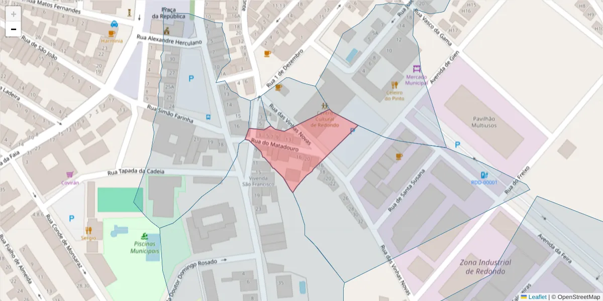 Mapa detalhado do código postal 7170-035 com limites, códigos postais vizinhos e agências dos correios