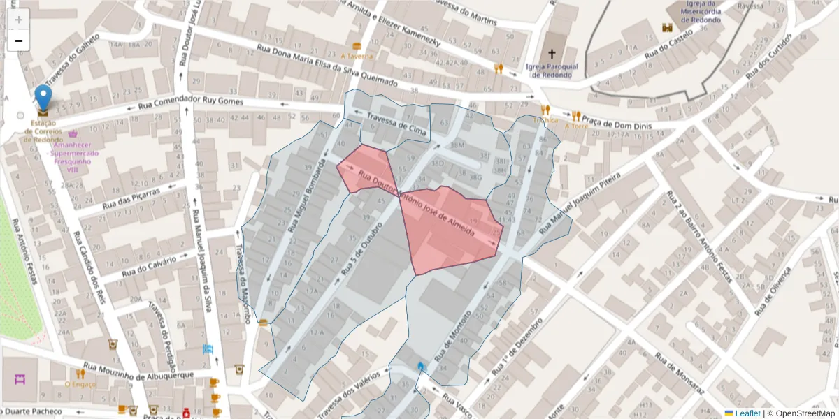 Mapa detalhado do código postal 7170-039 com limites, códigos postais vizinhos e agências dos correios