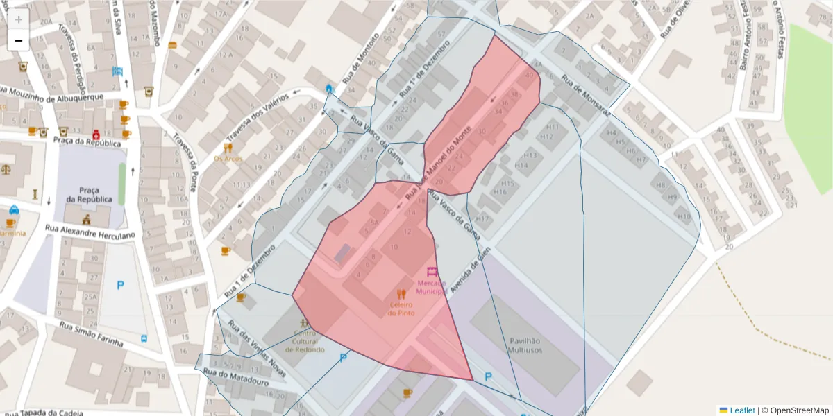 Mapa detalhado do código postal 7170-044 com limites, códigos postais vizinhos e agências dos correios