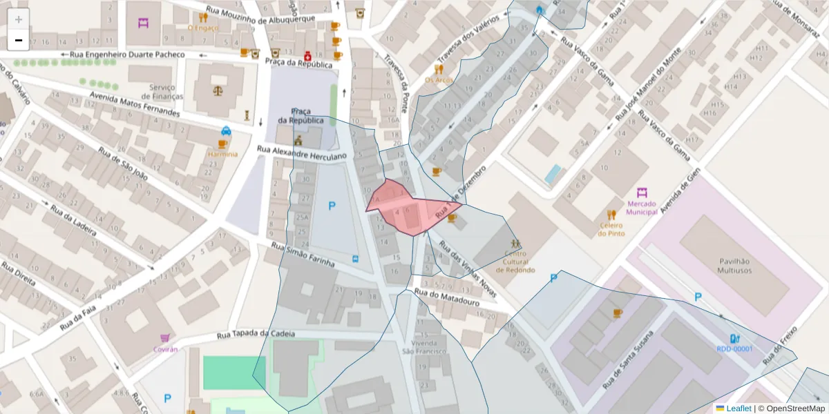 Mapa detalhado do código postal 7170-046 com limites, códigos postais vizinhos e agências dos correios