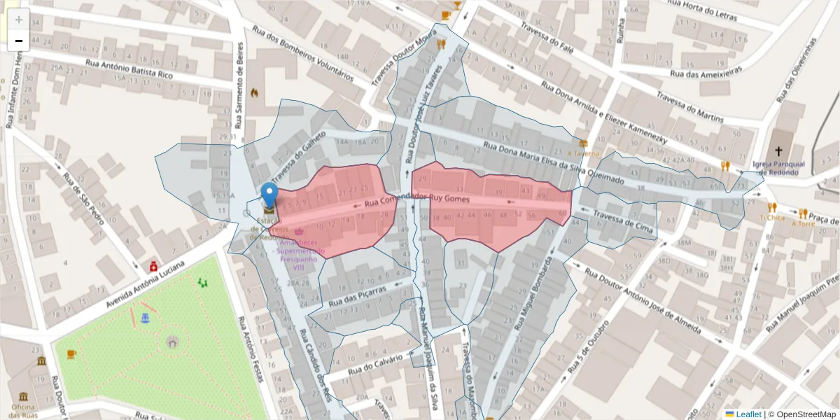 Mapa detalhado do código postal 7170-047 com limites, códigos postais vizinhos e agências dos correios